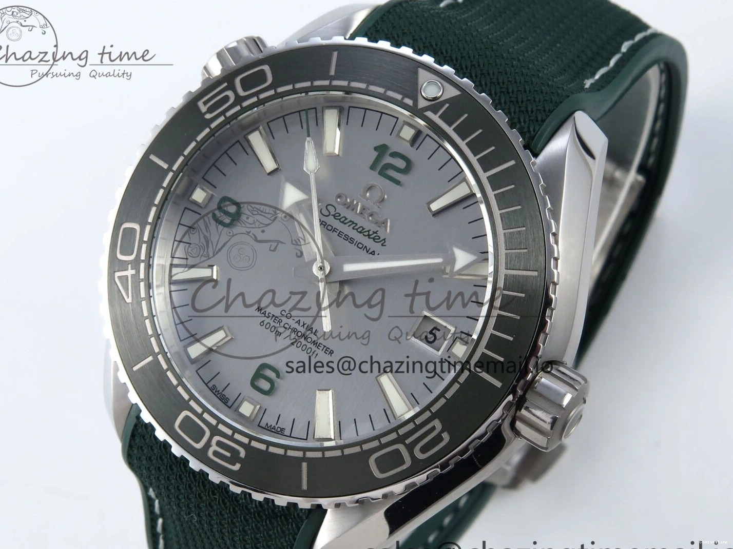 0401 Bold Seamaster Planet Ocean 600M 43.5mm SS SCF 1:1 Best Edition Green Bezel Gray Dial on Green Rubber Strap A8900 Super Clone 7666